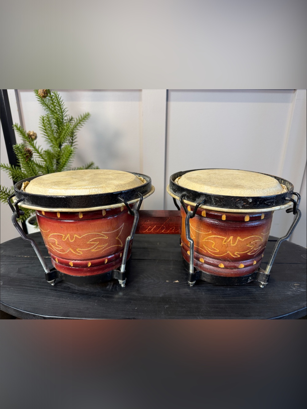 Handcrafted Cuba Red Wood Bongo Drums - Decorative Home Accent